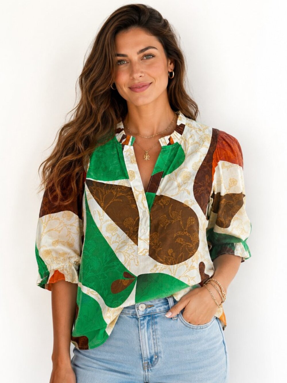 Abstract Cotton Blouse XS Puff Sleeve Boho Artsy Top - Picture 10 of 10
